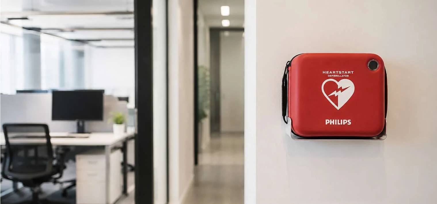 Αυτόματος Εξωτερικός Απινιδωτής Philips HeartStart (AED) τοποθετημένος σε σύγχρονο επαγγελματικό χώρο, συμβολίζοντας την ολοκληρωμένη λύση καρδιοπροστασίας που σχεδιάζεται σύμφωνα με τις ανάγκες κάθε επιχείρησης.